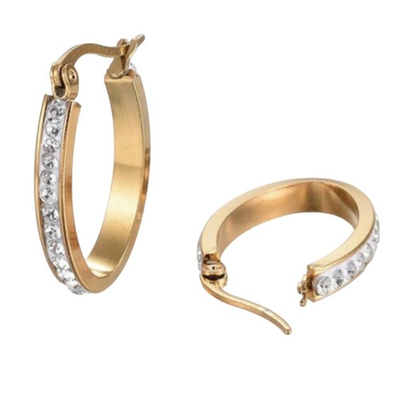 1 Inch 26mm Crystal Oval Hoop Pierced Post Earrings Gold Tone - Picture 4 of 5